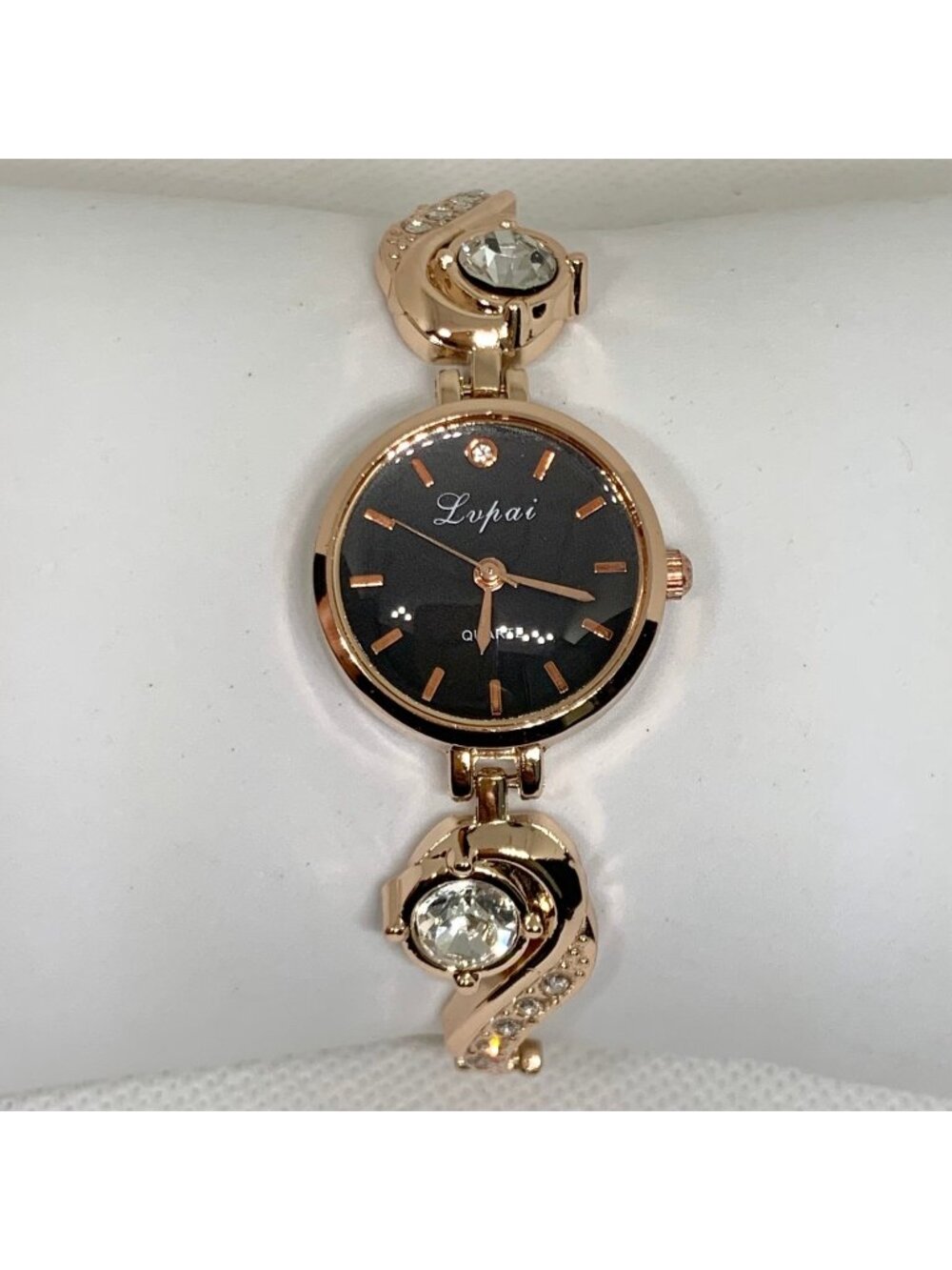 Lupai Women's Watch Gold Tone Black dial 25mm crystals quartz up to 8” running